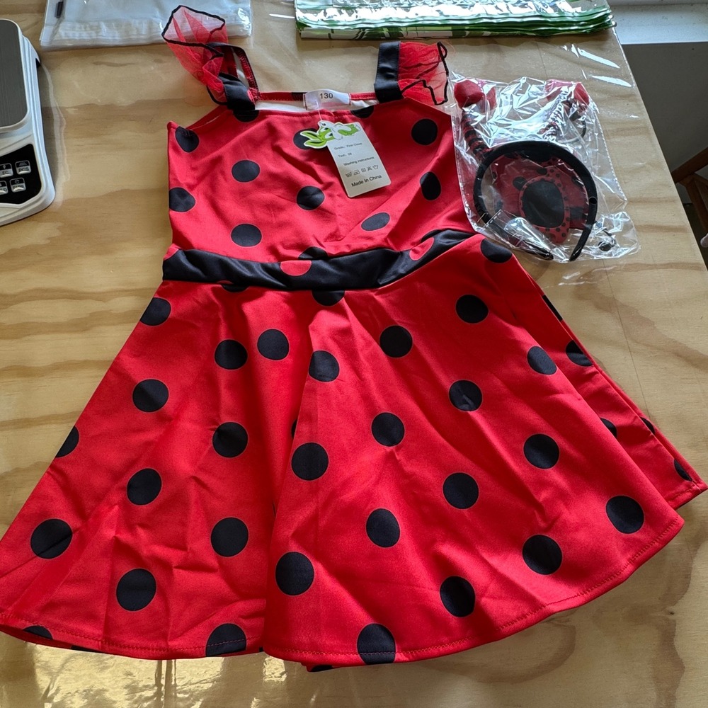 NWT Girls Ladybug Costume Set Red Black Polka Dot Dress Headband Sunglasses